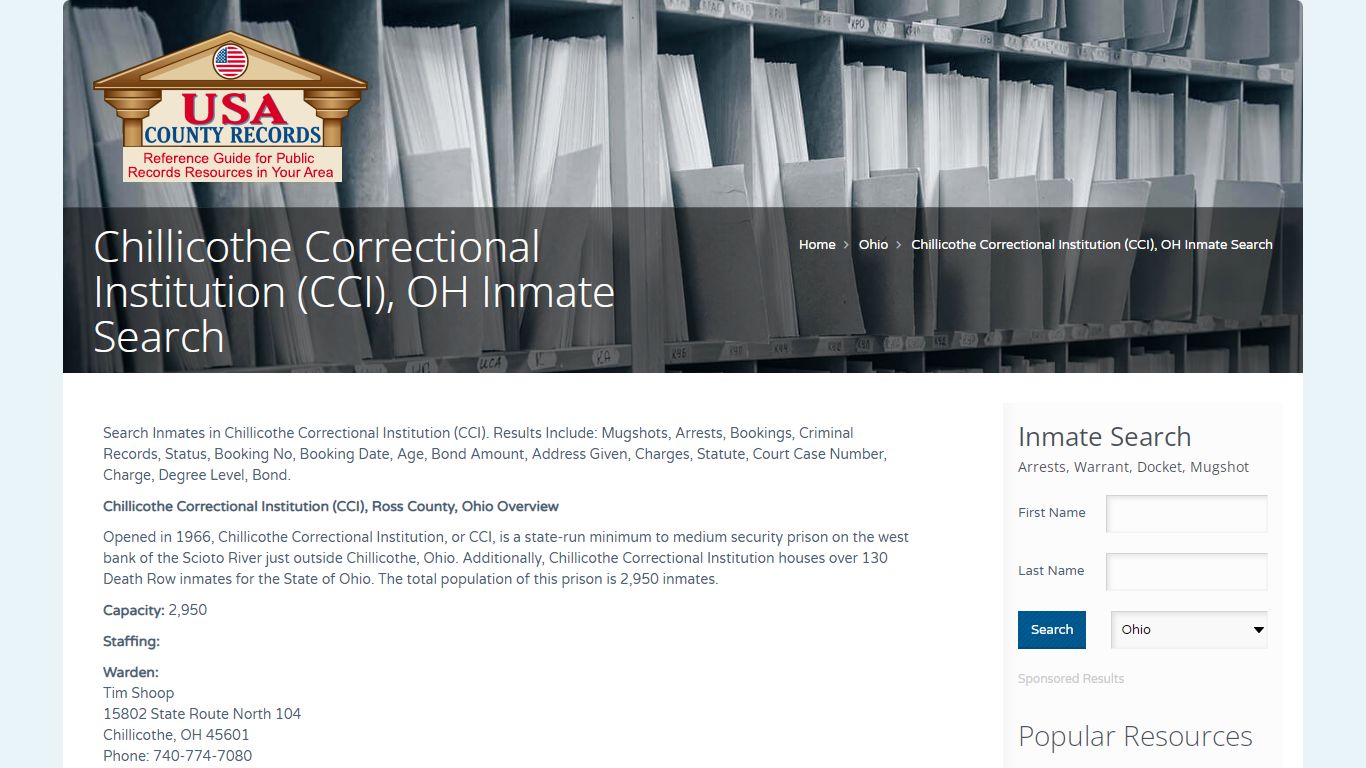 Chillicothe Correctional Institution (CCI), OH Inmate Search